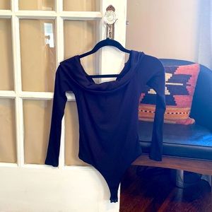 Off the shoulder, black thong bodysuit